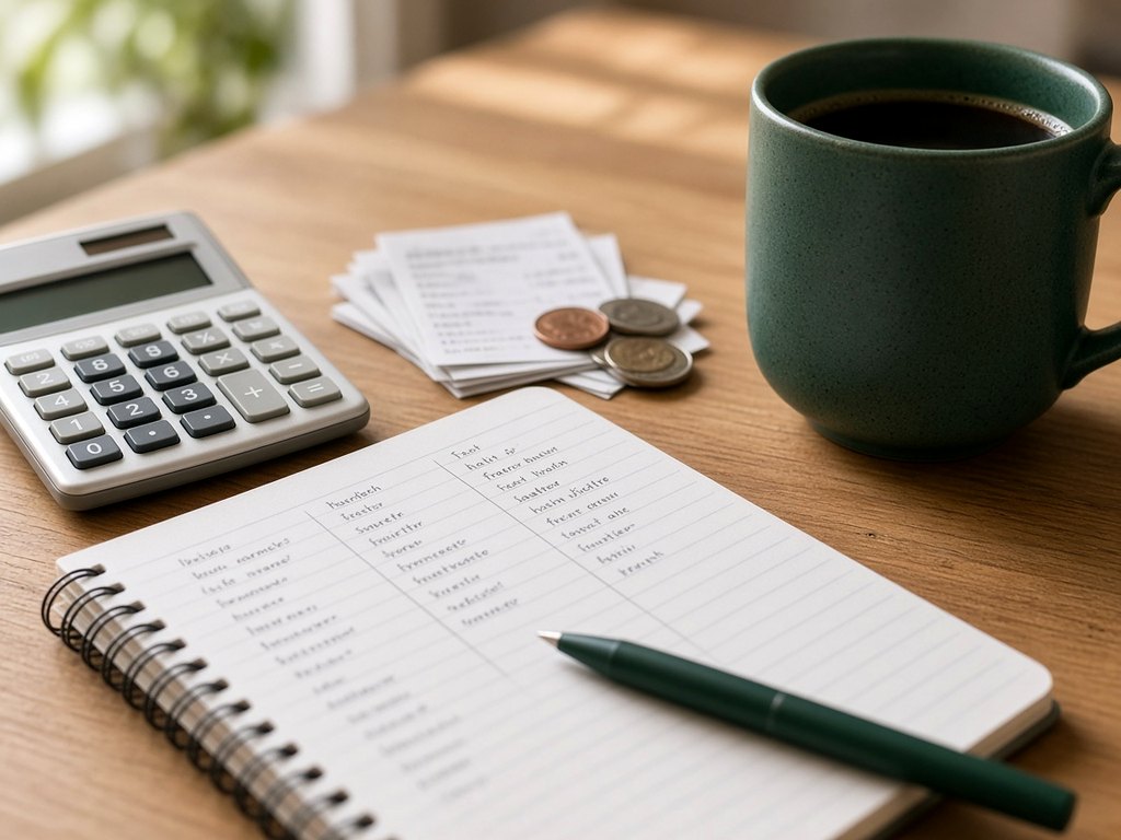 Caderno de anotações, calculadora, moedas e xícara sobre mesa de madeira