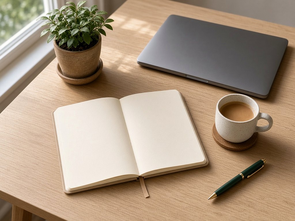 Mesa de planejamento com caderno aberto, notebook fechado e xícara de café